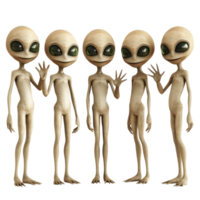 cinco simpático extraterrestre caracteres ondulación alegremente en contra un limpiar transparente fondo, extraterrestre caracteres ondulación en transparente antecedentes png