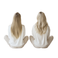 Two blonde women sitting cross-legged on a neutral background during a relaxing moment, Back View Two Blonde Women Sitting Cross-Legged on transparent background png