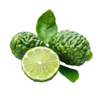 Fresh bergamot fruit and leaves on a transparent background highlighting its unique texture and vibrant coloration, bergamot or Thai lime with leaf on transparent background png