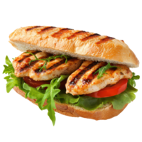 Delicious grilled chicken sandwich with fresh lettuce and ripe tomatoes served on a crusty baguette, A delicious chicken sandwich with fresh lettuce and juicy tomatoes, transparent background. png