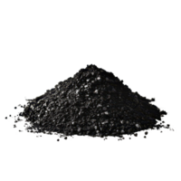 Activated carbon powder mound with a distinct black hue displayed on a clean transparent background, Activated carbon powder black mound, transparent background. png