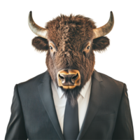 A business leader with a bison head in formal attire on a clean transparent background, Bison Leader in Business Attire on transparent background png