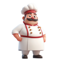 A friendly cartoon chef stands proudly with hands on hips against a plain transparent background, 3D cartoon character chef on transparent background png