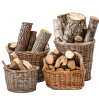 Assorted firewood stacked in wicker baskets on a clean transparent background for home decoration or fireplace use, Assorted Firewood in Wicker Baskets on transparent background png