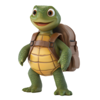 A cheerful cartoon turtle wearing a backpack stands on a transparent background with a playful expression, 3D Cartoon Turtle with Backpack on transparent background png