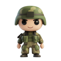 A cheerful military cartoon character in a camouflage uniform and helmet standing against a plain transparent background, 3D military cartoon character on transparent background png