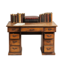 Antique study desk with books arranged neatly against a transparent background for a vintage academic feel, Antique Study Desk with Books, transparent background. png