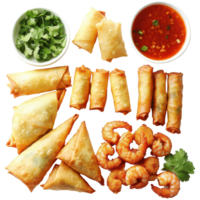 Delicious assortment of Asian appetizers featuring spring rolls, samosas, and crispy, Asian Appetizers with Spring Rolls, Samosas, and Shrimp Fritters on transparent background png