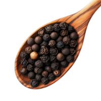 Black pepper corns placed in a wooden spoon on a clean transparent background for culinary use, Black pepper corns in wood spoon isolated on transparent background png