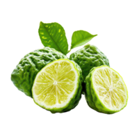 Fresh bergamot fruit and sliced Thai lime with vibrant green leaves set against a transparent background, bergamot or Thai lime on transparent background png