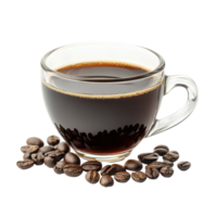 Rich black coffee in a clear glass cup with roasted coffee beans on a transparent background, Black coffee in glass cup and coffee beansisolated on transparent background png