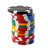 Colorful stack of poker chips with one chip vertically positioned on top against a plain background, a colorful stack poker chips with one chip standing out on the top, transparent background. png