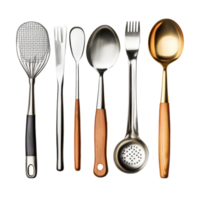 Assorted kitchen utensils laid out on a transparent background for culinary preparation and organization, Assorted kitchen utensils isolated on transparent background png