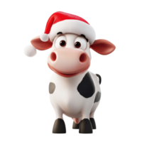 A cheerful cartoon cow wearing a Santa hat, bringing festive joy during the holiday season on a transparent background, 3D Cartoon Cow in Santa Hats on transparent background png