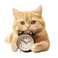 Adorable red cat holding a classic clock on a transparent background showcasing its playful innocence and charm, Adorable red cat with clock isolated on transparent background png