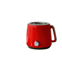 A bright red toaster on a clean table with toast and strawberries beside a glass of iced tea, A red toaster on a table, transparent background. png