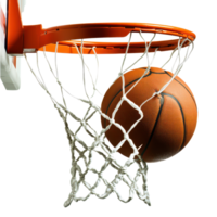 A basketball swishes through the net of a hoop during a game in a gymnasium on a sunny afternoon, basketball going through the net a basketball hoop, transparent background. png