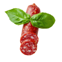 Fresco albahaca encima rebanado salami en un crujiente transparente fondo, destacando un sabroso culinario emparejamiento, rojo rebanado cebolla aislado en transparente antecedentes png