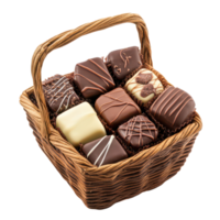A delightful assortment of square chocolates in a woven basket on a transparent background, Basket Square Chocolates on transparent background png