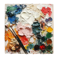 Artistic paint palette with vibrant colors and brushes against a transparent background for creative projects, Artistic Paint Palette, transparent background. png