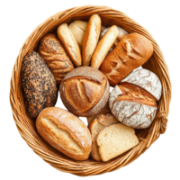 A beautifully arranged basket filled with various types of bread from different cultures viewed from above, Basket with different kinds bread Top view Isolate on transparent background png