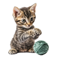 Curious kitten playfully paws at a soft yarn ball against a clean transparent background, a kitten playing with a ball yarn, transparent background png