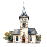 A beautiful church with a large clock tower set against a bright transparent background showcases architectural charm, A church with a large clock tower, transparent background. png