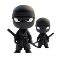 Cartoon ninja characters with swords standing confidently on a transparent background, 3D Cartoon Ninja Characters on transparent background png