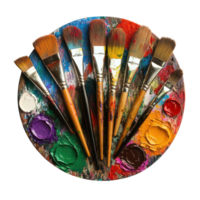 A vibrant artistic palette featuring assorted paintbrushes and colorful paints arranged neatly for creative expression, Artistic Palette with Paintbrushes and Paints, transparent background. png