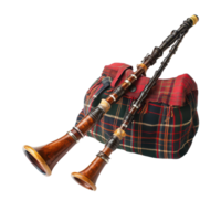 Traditional Scottish bagpipe displayed with a tartan bag, highlighting cultural heritage and craftsmanship, a traditional Scottish bagpipe with a tartan bagpipe bag, transparent background. png