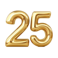 Golden numbers representing 25 for celebrating New Year's festivities at a joyful gathering in a festive, 3D Gold Numbers 2025 for New Year Celebration on transparent background png