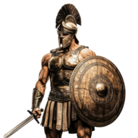 An ancient Greek warrior stands ready for battle with sword and shield, embodying the strength of a legendary era, ancient greek warrior man sword and shield isolated on transparent background png