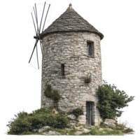 Ancient stone tower with a windmill surrounded by lush greenery in a serene landscape, Ancient Stone Tower with a Windmill A picturesque European landmark, transparent background. png