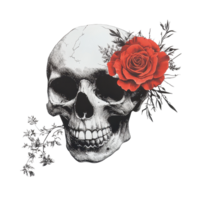A beautifully detailed skull adorned with a striking red rose and delicate flowers on a transparent background, a skull and flowers, with a red rose on it, transparent background. png
