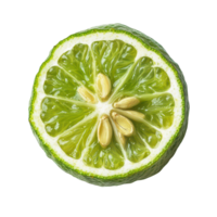 Half of bergamot or Thai lime with seeds on a transparent background showcasing its vibrant color and texture, A half of bergamot or Thai lime with seeds isolated on transparent background png
