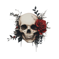 A detailed skull surrounded by flowers and a striking red rose against a simple transparent background, a skull and flowers, with a red rose on it, transparent background. png
