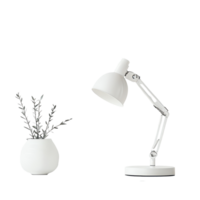 A modern desk lamp illuminating a minimalist workspace with a decorative plant on a sleek surface, A minimalistic desk lamp on a clean transparent background png
