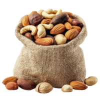 A burlap sack filled with a variety of mixed nuts on a clean transparent background, Bag mixed nuts, transparent background. png
