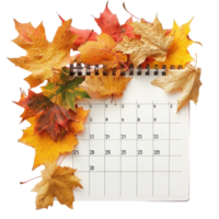 Autumn-themed calendar surrounded by colorful fall leaves on a transparent background, Autumn-themed calendar in front fall leaves, transparent background. png
