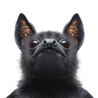 A striking close-up displays a bat's face, highlighting its fur, ears, and large eyes, bat face shot isolated on transparent background png