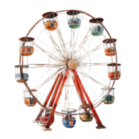 A colorful Ferris wheel stands prominently against a transparent background, showcasing its charming gondolas and structure, a portrait a Ferris wheel, transparent background. png