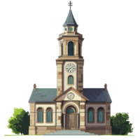 A beautiful church featuring a large clock tower against a bright transparent background during daytime, A church with a large clock tower, transparent background. png