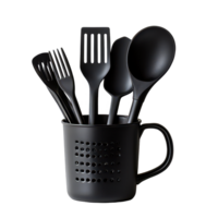 A collection of black kitchen utensils arranged in a cup against a clean transparent background, Assorted kitchen utensils isolated on transparent background png