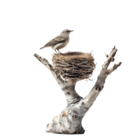 ein klein Vogel thront im ein Nest oben auf ein verwittert Baum Ast im ein Fernbedienung Einstellung, ein Vogel im ein Nest auf ein alt Baum Ast auf isoliert auf transparent Hintergrund png