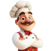 une de bonne humeur dessin animé chef des stands en toute confiance avec bras franchi contre une transparent arrière-plan, rayonnant culinaire passion, 3d dessin animé personnage chef sur transparent Contexte png