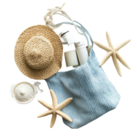 Beach bag packed for a relaxing day by the seaside with essentials for sun and fun, Beach bag with items for a day at the seaside on transparent background png