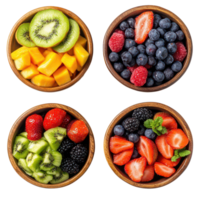 Assorted fresh fruit salad bowls including kiwi, berries, and mango on a bright transparent background, Assorted Fresh Fruit Salad Bowls on transparent background png