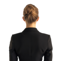 Business woman with a bun facing away against a plain transparent background, dressed professionally for work, Back View Business Woman with Bun on transparent background png