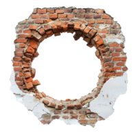Damaged brick wall with a circular hole revealing empty space in an urban setting during daylight hours, a damaged brick wall with a circular hole in the center, transparent background. png