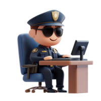 Police officer character working at a workstation with a computer and desk in a bright environment, 3D Police Officer Character at Workstation on transparent background png